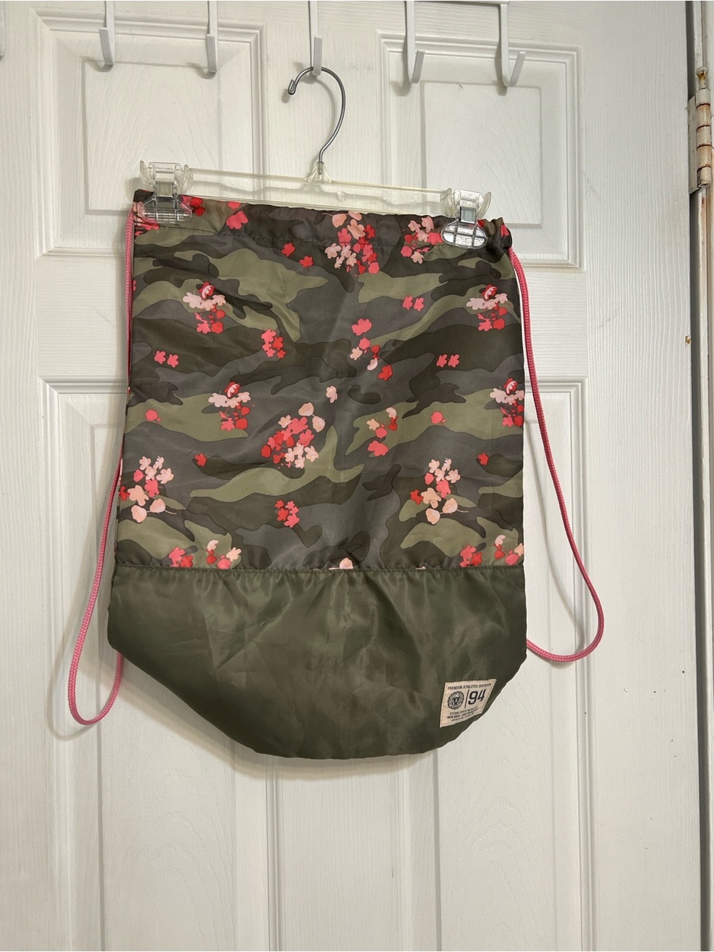 Old Navy Olive Camo Drawstring Backpack with Pink Floral Accents